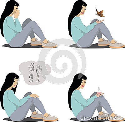 Emotions. A young girl with black hair sits on the floor. The girl cries, is sad, dreams, admires, rejoices. Vector Illustration